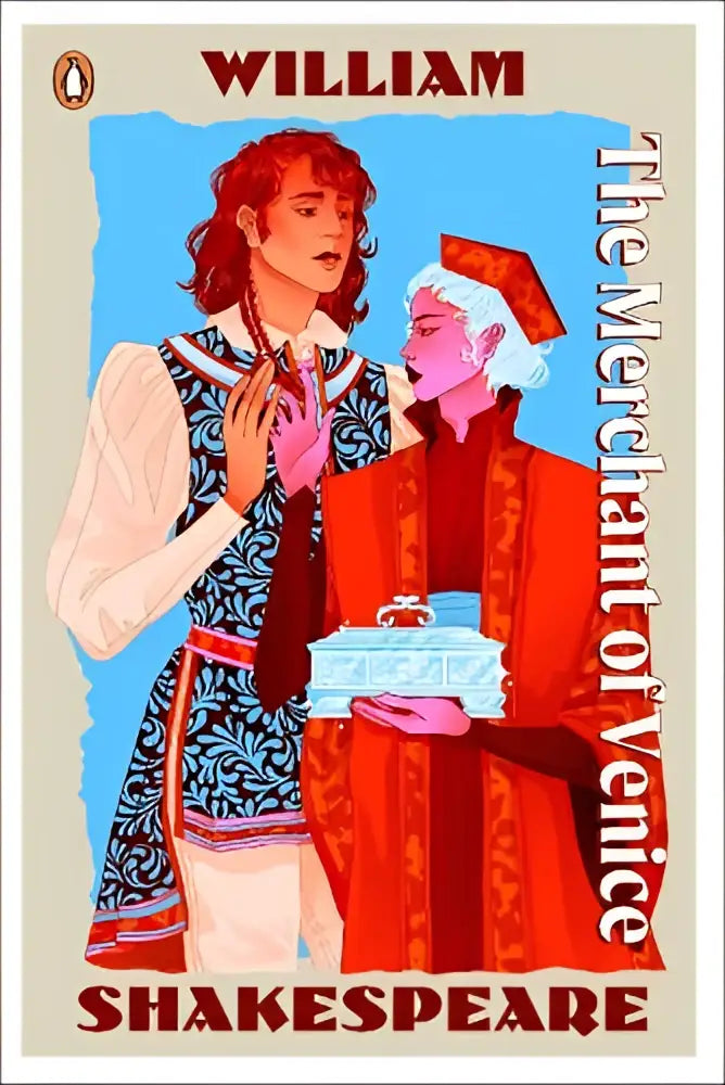 The merchant of venice book cover shows two characters, one in blue and white vest, the other in red robes, william shakespeare teenage fiction