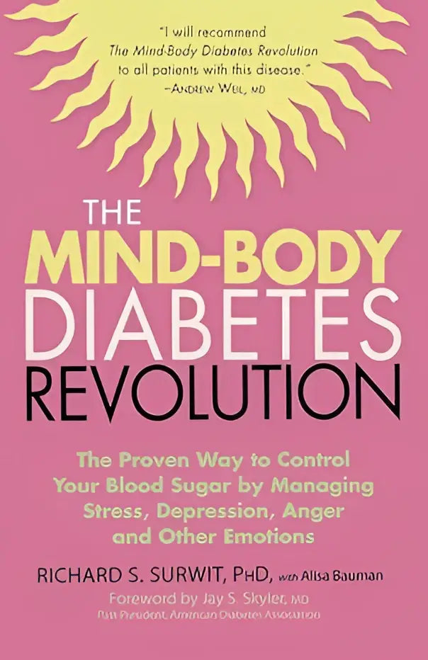 Boekomslag roze met gele en witte tekst the mind-body diabetes revolution van richard s voor diabetesbeheer