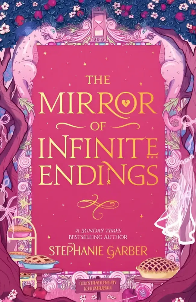 The mirror of infinite endings is a vibrant pink book with gold lettering marking the highly anticipated return to upon a broken heart series