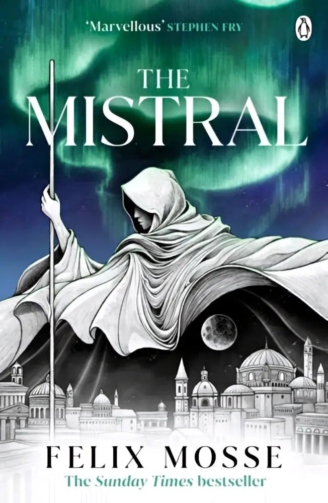 The mistral van felix mosse paperback met illustratie van een gehulde figuur en auroraboven de stad, michael joseph editie
