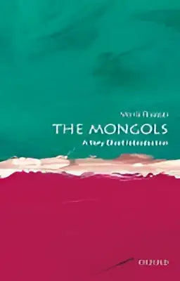 De boekomslag van the mongols a very short introduction toont een gedurfd abstract ontwerp in levendige teal en magenta tinten