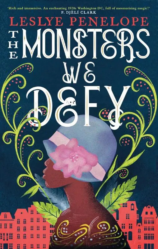 The monsters book cover by Leslye Penelope shows a woman in profile with a lavender cloche hat and floral detail