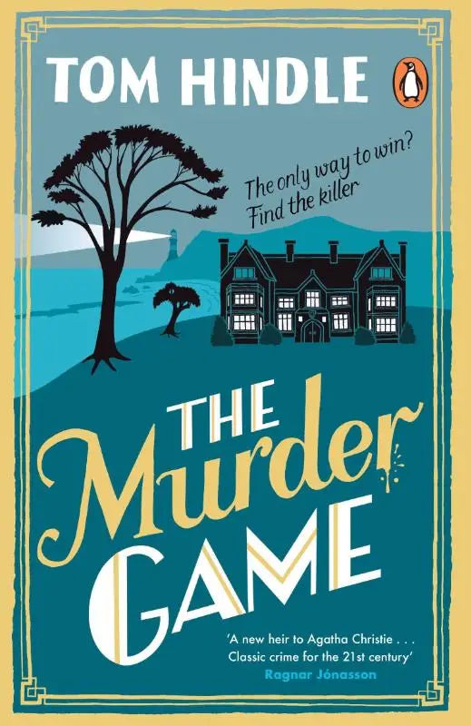 The murder game door tom hindle is een penguin paperback met een teal omslag en zwarte silhouetten van bomen en een landhuis