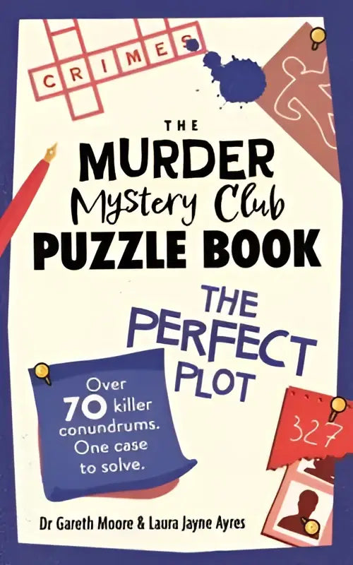De murder mystery club puzzle boek heeft een kleurrijke cover met kruiswoordpuzzels en misdaadres thema graphics