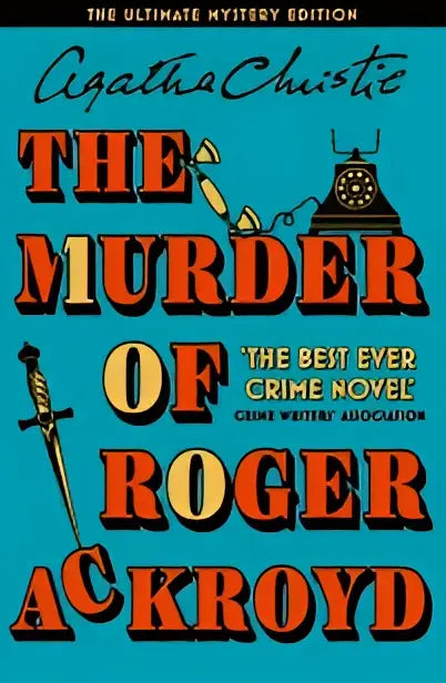 Hardcover boek the murder of roger ackroyd met gedurfde oranje en zwarte letters op een groenblauwe achtergrond in de ultimate mystery edition