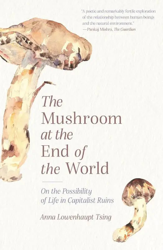 Aquarelillustratie van een grote, aardkleurige paddenstoel met textuur in the mushroom at the end of the world