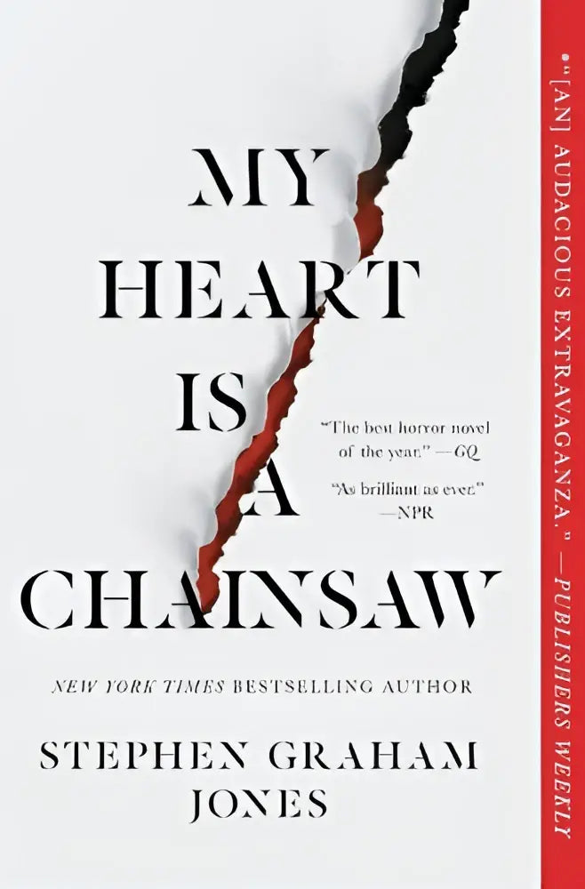 De my heart is a chainsaw boekcover toont de titel in zwart op wit met een gescheurde rode tekst aan de rechterkant