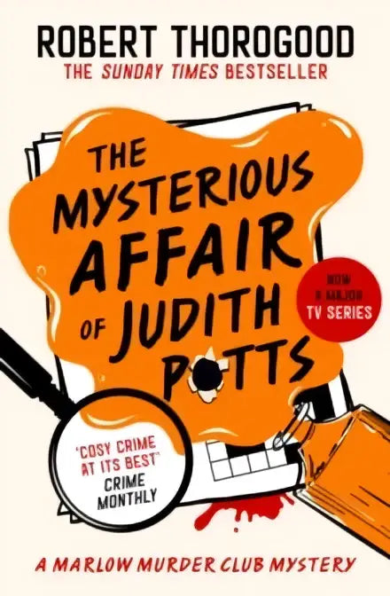 De cover van het boek the mysterious affair of judith potts door robert thorogood met zwarte tekst op oranje achtergrond en stilistische illustratie