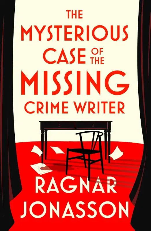 De boekcover van the mysterious case toont rood-witte kleuren en de titel the missing crime writer van ragnar jonasson