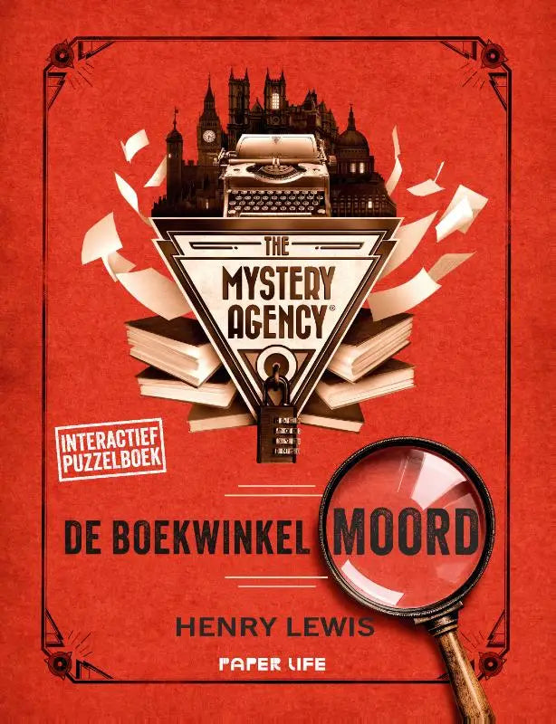 Rood boekcover van the mystery agency met vintage typemachine boeken en vergrootglas over bookseller row thema