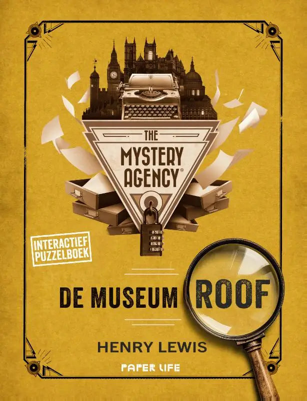 The mystery agency interactieve puzzelboekcover toont een sepia illustratie van london met oude typemachine en vergrootglas