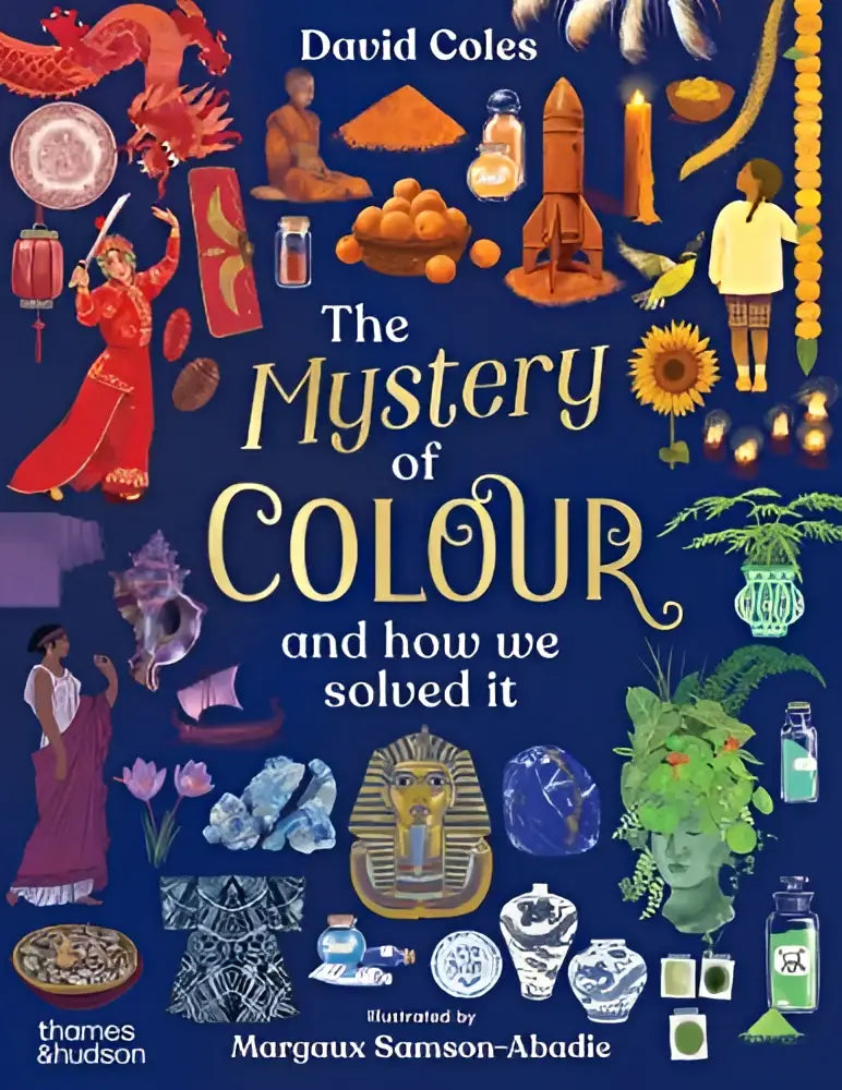 The mystery of colour and how we solved it boek voor jonge lezers met kleurrijke illustraties op een donkerblauwe achtergrond