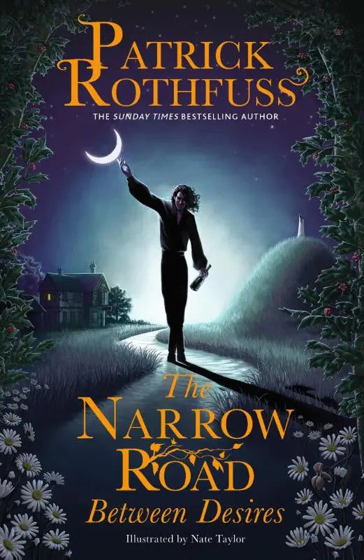 De cover van the narrow road between desires kingkiller chronicle novella toont een figuur met maansikkel tegen sterrenhemel