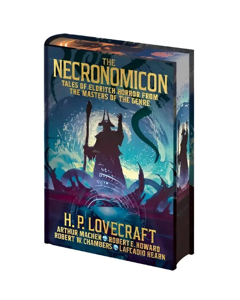 The necronomicon hardcover book with dark blue and purple cover featuring eldritch horror from towering tentacled figure illustration