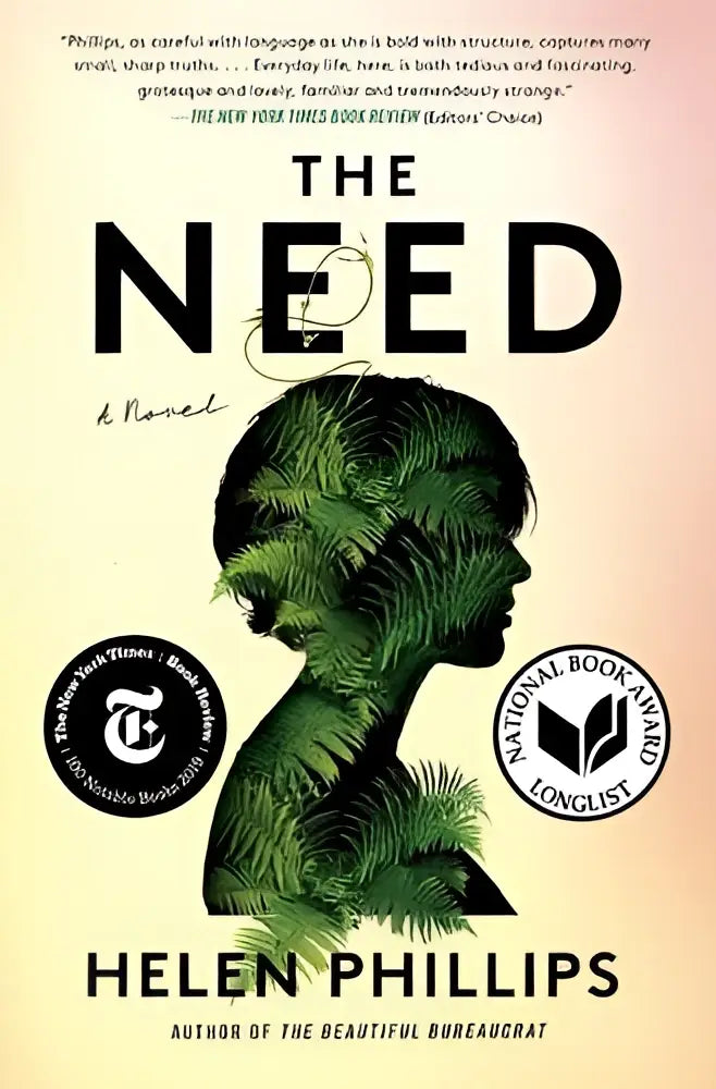 The need van helen phillips is een roman met een groen silhouet van bladeren op een zacht beige omslag
