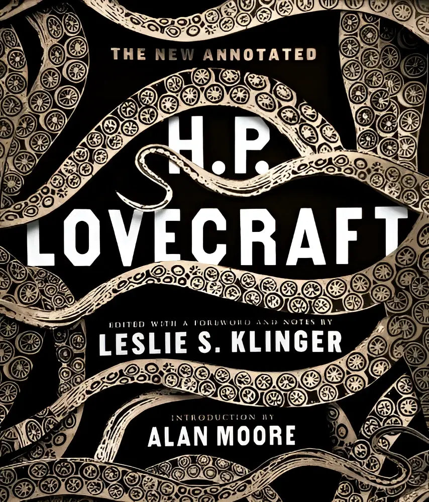 Zwart-wit boekomslag van the new annotated met ingewikkelde draaiende tentakelontwerpen en titel the new annotated h.p. lovecraft