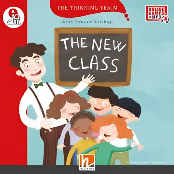 Leraar en diverse leerlingen bij schoolbord van kinderboek De nieuwe klas