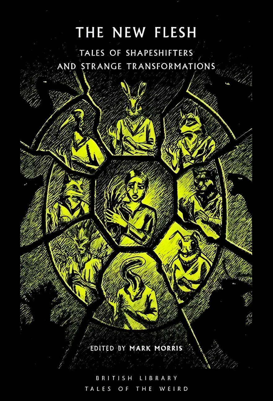 Darkly illustrated book the new flesh featuring glowing yellow figures in a stained glass design on black background