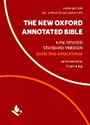 The new oxford annotated bible with apocrypha in red hardcover binding showing the new revised standard version