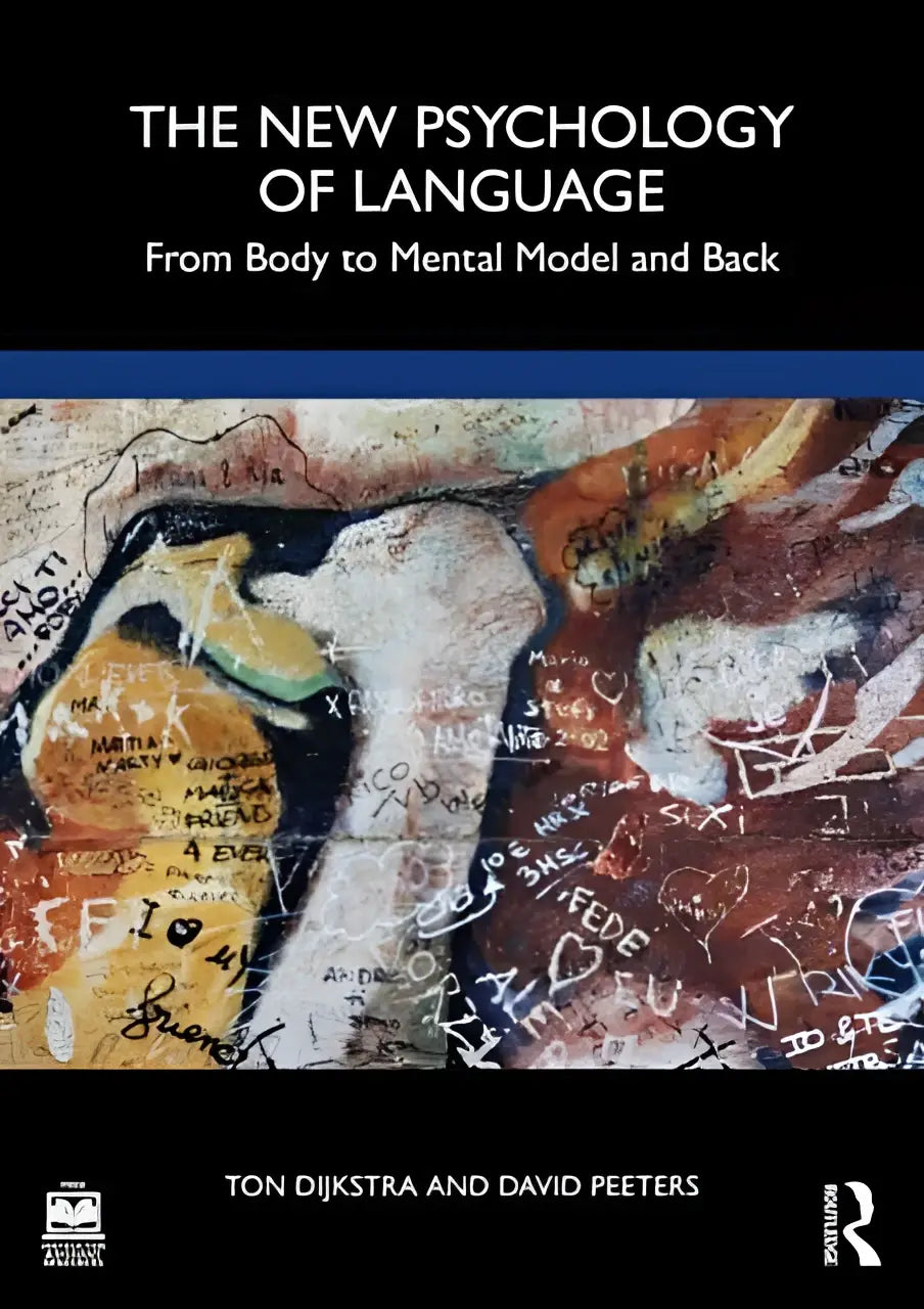 Boek the new psychology of language met abstracte graffitiomslag in oranje wit zwart en bruin met gelaagde kleuren