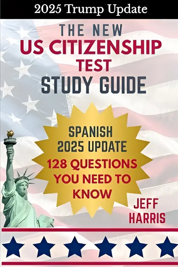 Cover of the new us citizenship test study guide spanish 2025 update featuring a green statue of liberty and flag design