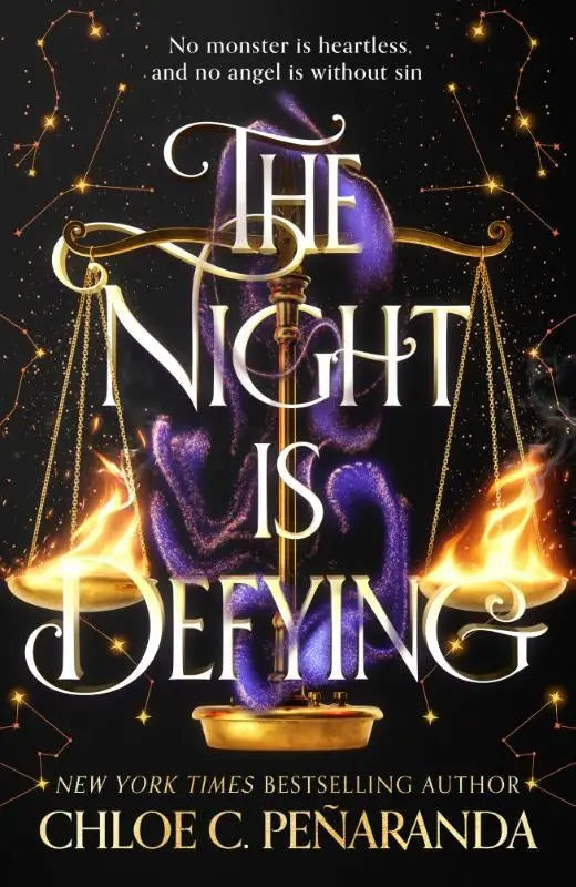 The night is defying boekcover met gouden weegschaal en paarse vlammen tegen sterrende zwarte achtergrond unmissable second book