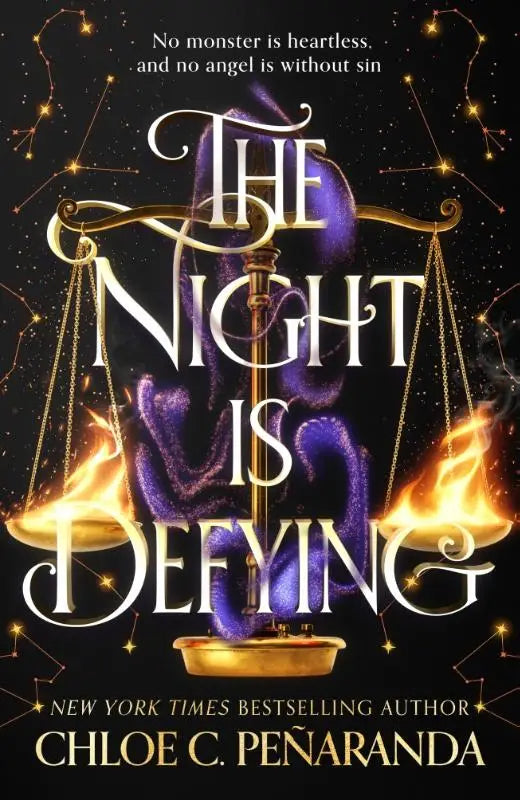 The night is defying book cover featuring a golden scale with purple flames on a starry background for the unmissable second book