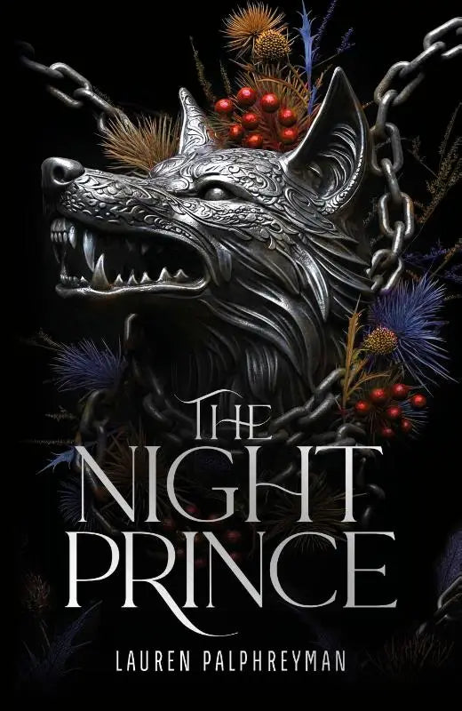 Zilveren hanger the night prince met een gegraveerd wolfshoofd, scherpe tanden, kettingen en wilde bloemen