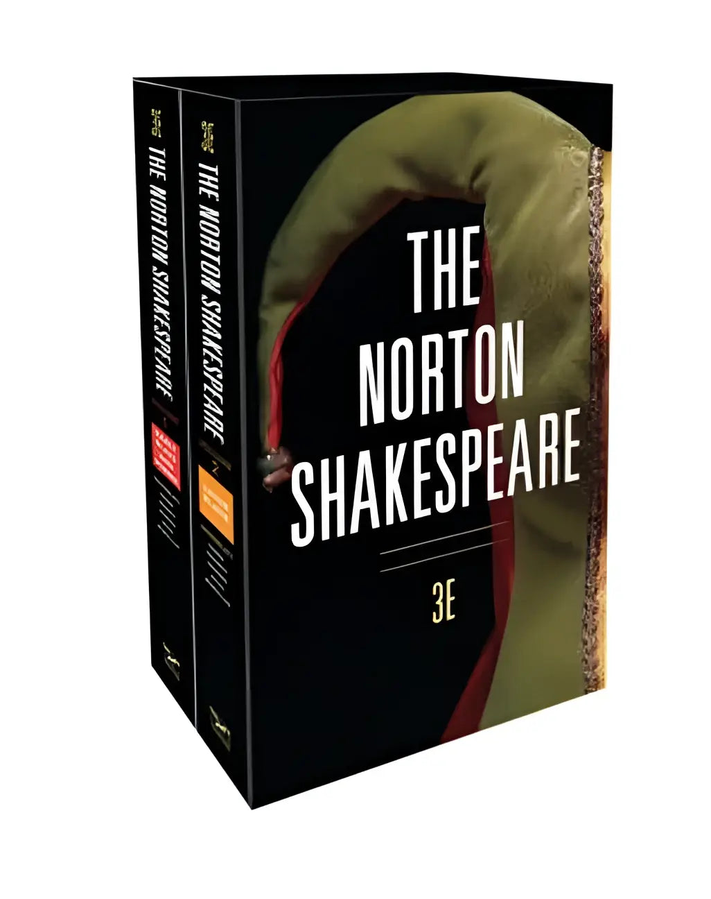 The norton shakespeare 3e boxed set with a black cover, white lettering, and an olive-green hooded garment design
