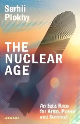 Boekhoes The Nuclear Age van Serhii Plokhy, oranje-blauwe abstracte achtergrond