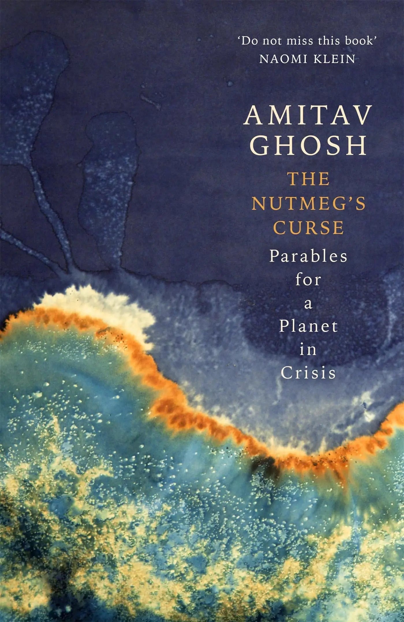 De kleurrijke omslag van het boek the nutmeg’s curse toont een abstract patroon met diepe blauwtinten en vurige oranjegeel