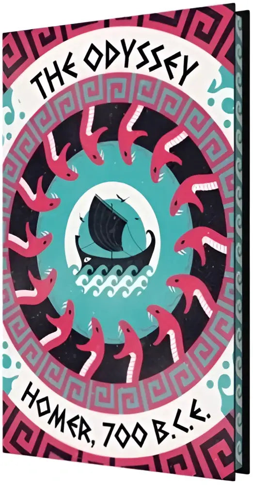 The odyssey gungnir edition is a vibrant hardcover book with pink birds and a teal boat on a geometric black and white cover
