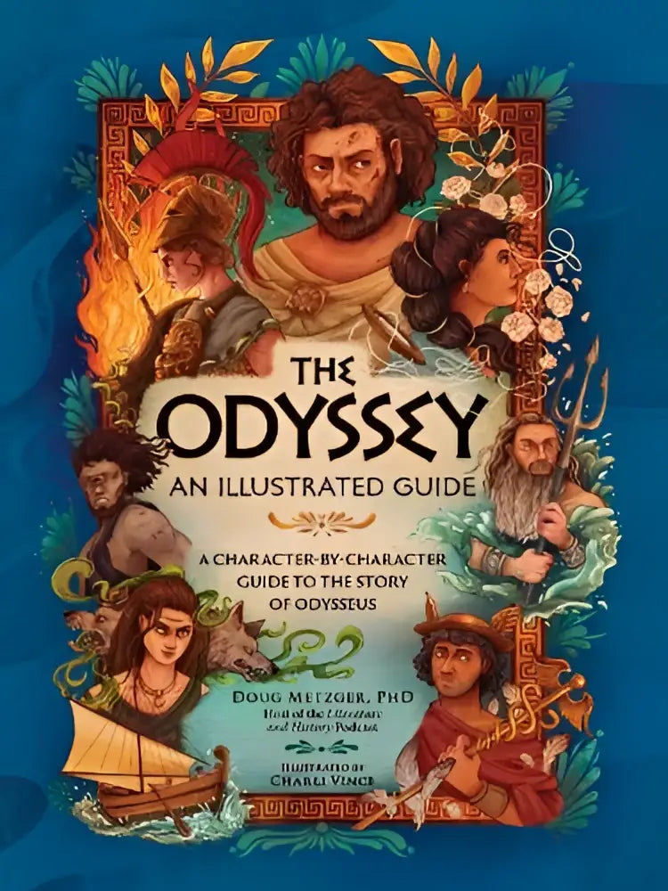 The odyssey an illustrated guide features a vibrant golden and blue cover with intricate character illustrations for the story