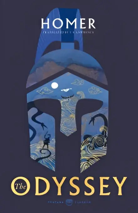 The odyssey engelstalige paperback met blauw spartaanse helmontwerp en mythologische illustraties door homer en lattimore