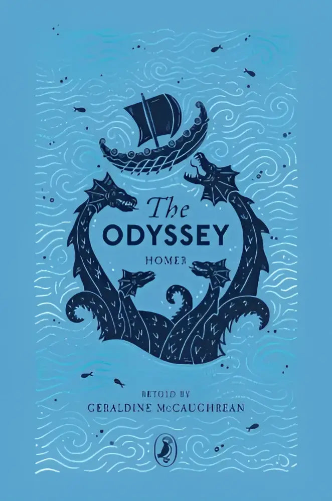 The odyssey retold by geraldine mccaughrean with dark blue puffin clothbound classic cover featuring sea creatures and viking ship