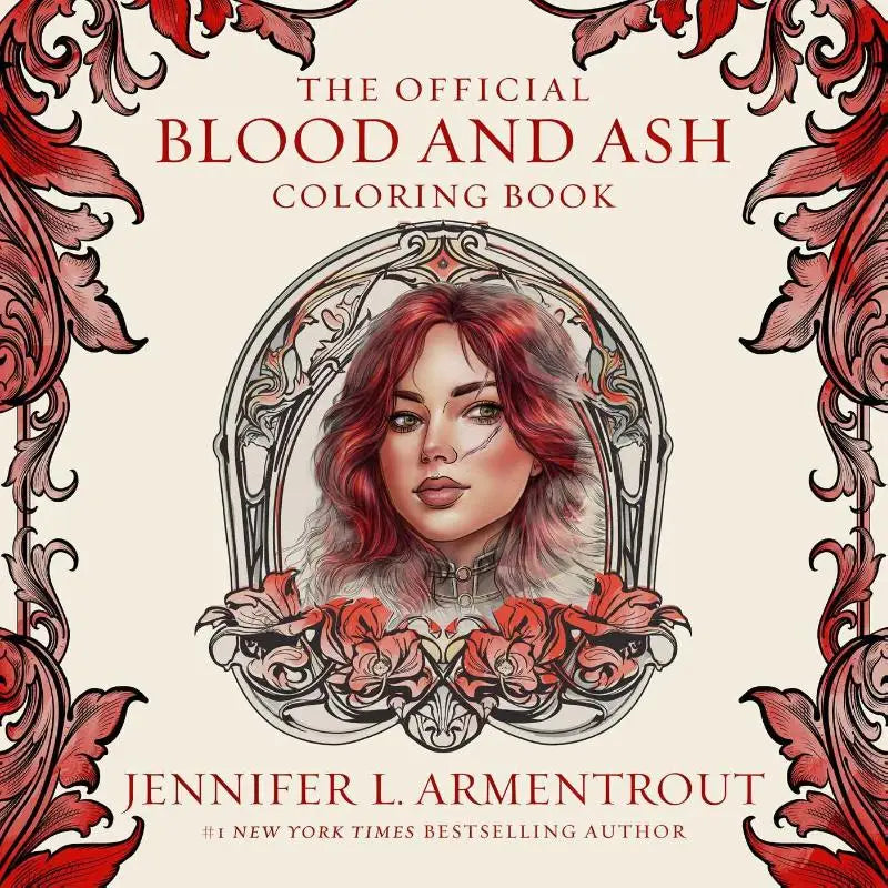 De official blood and ash coloring book toont een roodzwarte illustratie van een vrouw met vuurrood haar en bloemmotieven