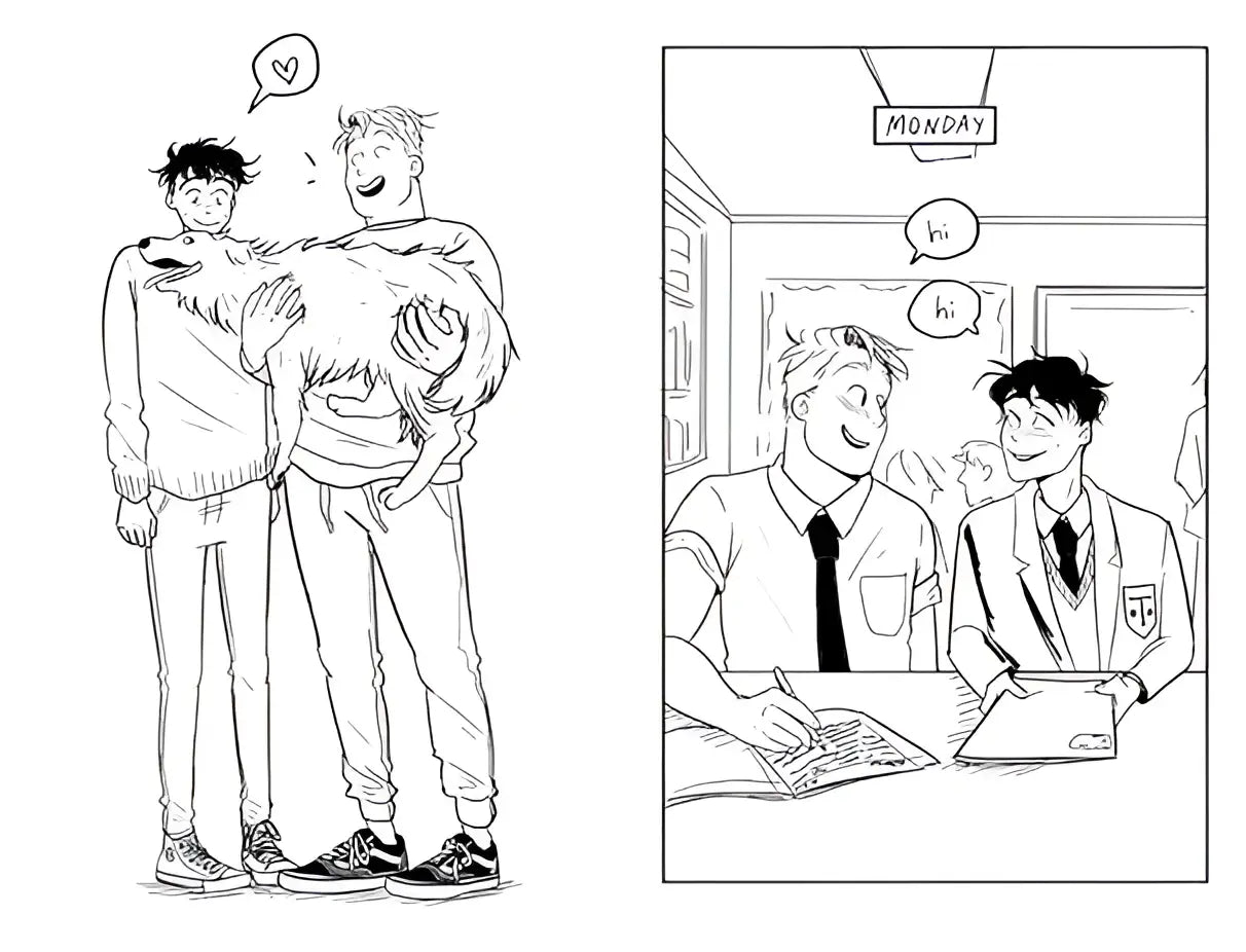 Twee zwart-wit stripboekpagina’s uit the official heartstopper colouring book van alice oseman met dialoog en personages