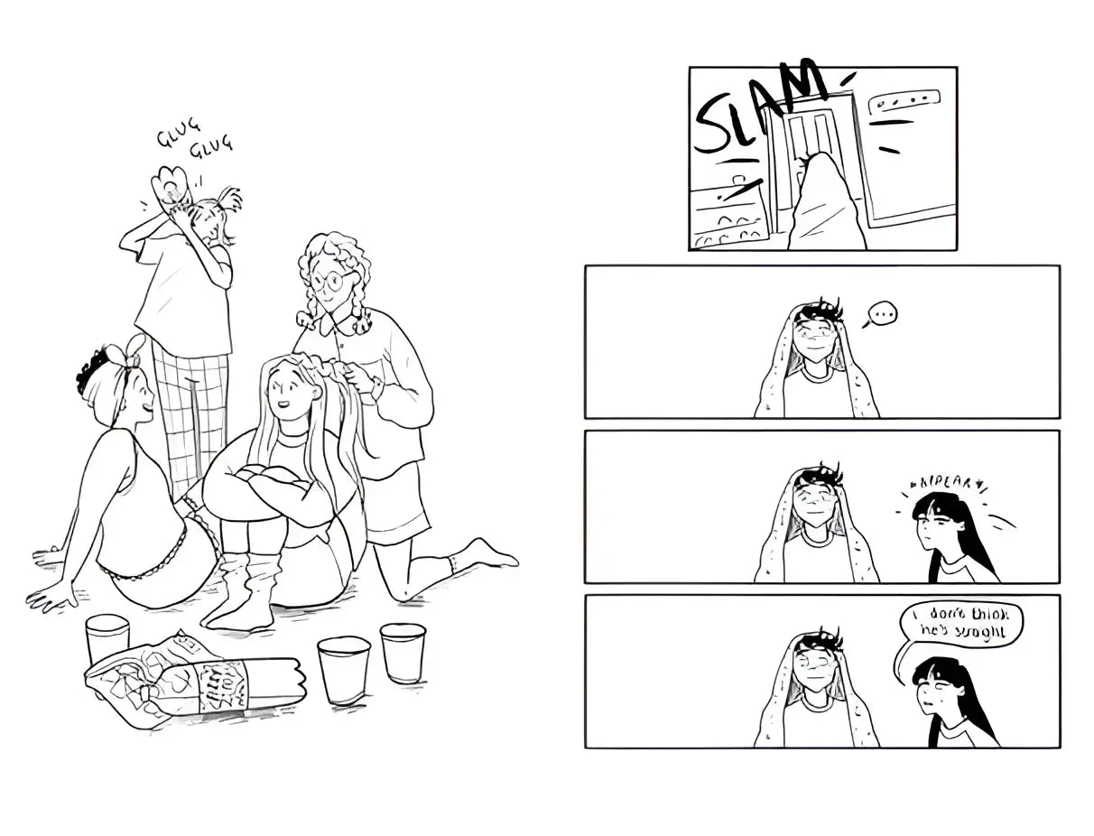 Black-and-white comic strip from the official heartstopper colouring book by alice oseman showing hair styling and reactions