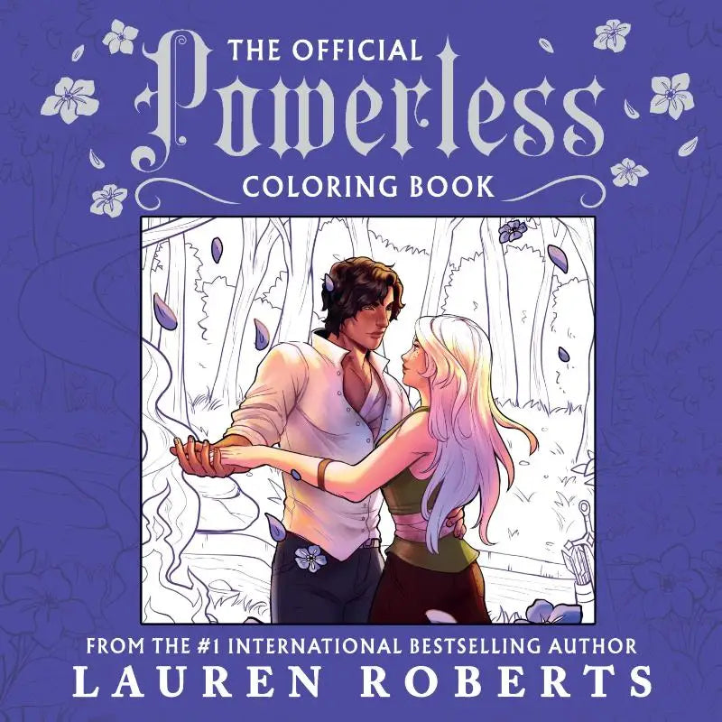De officiële powerless coloring book heeft een paarse omslag met witte bloemaccenten en twee dansende personages