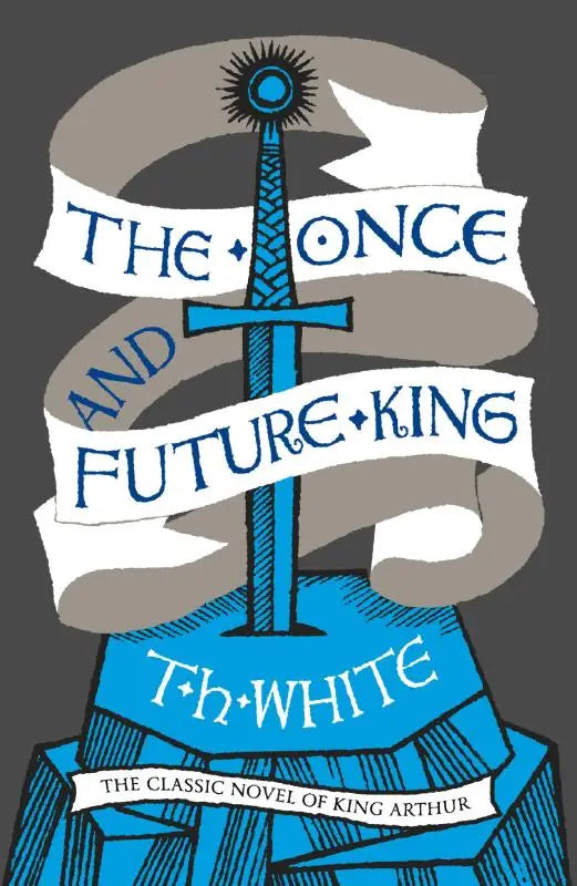 Illustratie van een blauwe zwaard met zonnestraal-heft en sierlijk kruisbeslag op de cover van the once and future king