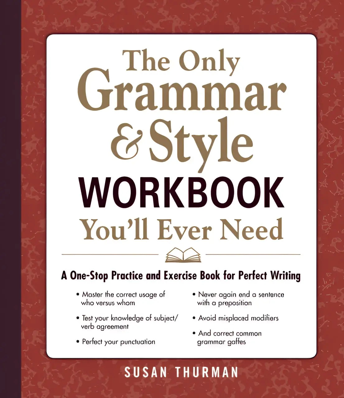 De only grammar en style workbook you’ll ever need is een white exercise book met goudbruine tekst tegen een rood textuurachtergrond