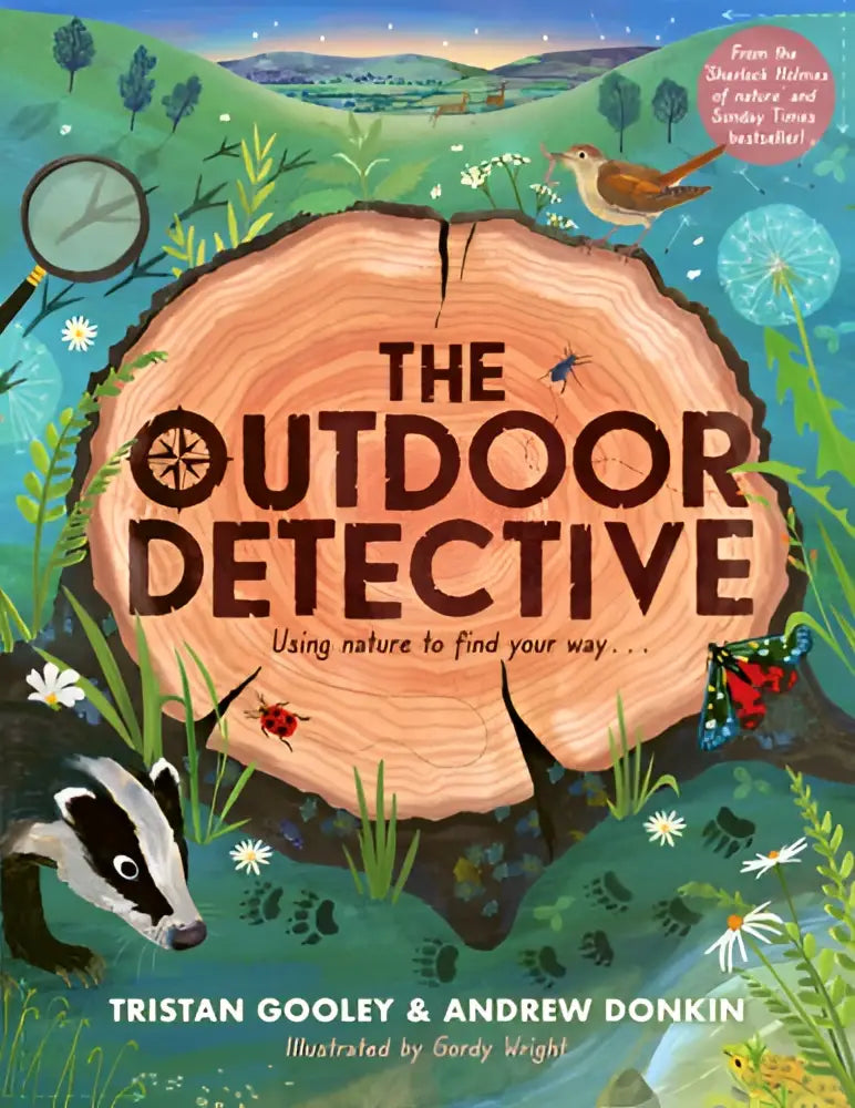 De cover van het kinderboek the outdoor detective toont een cirkelvormig houtnerfmotief met een natuurlijke illustratie en duidelijke zwarte letters