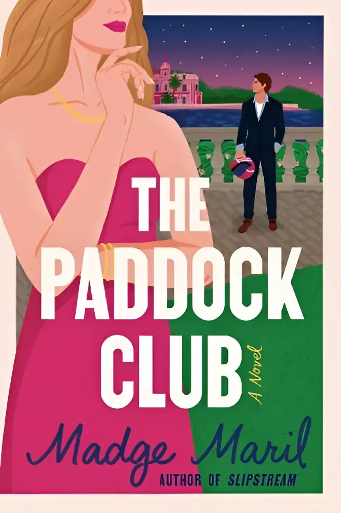 De cover van the paddock club toont een vrouw in een felroze strapless jurk met gouden sieraden tegen een geïllustreerde achtergrond