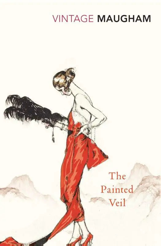 Een vintage stijl illustratie van een vrouw in een elegante rode jurk en hoge hakken met een zwarte veerwaaiier voor the painted veil