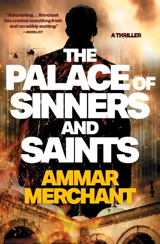 De thrillerboekcover van The palace of sinners and saints toont een silhouet van man in vuurrode en zwarte achtergrond
