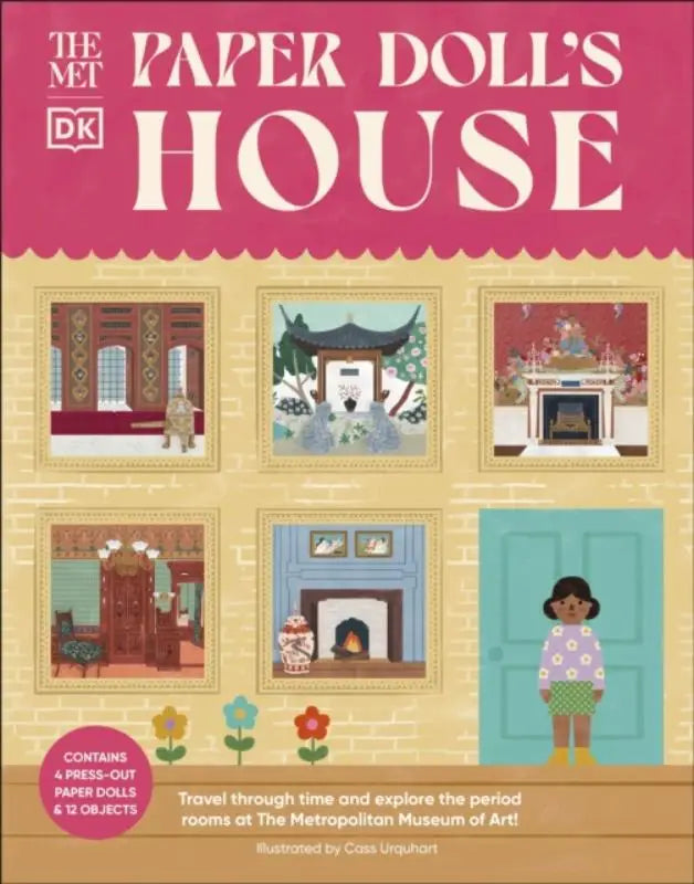 The met paper doll’s house book cover with colorful rooms and a child by a teal door to travel through time