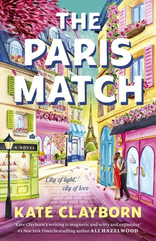 The paris match novel by kate clayborn features a vibrant illustrated romantic street scene in paris with the eiffel tower