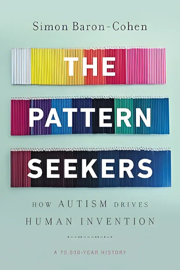Het boek the pattern seekers toont witte tekst op licht turquoise achtergrond met titel op kleurrijke gestreepte stoffen