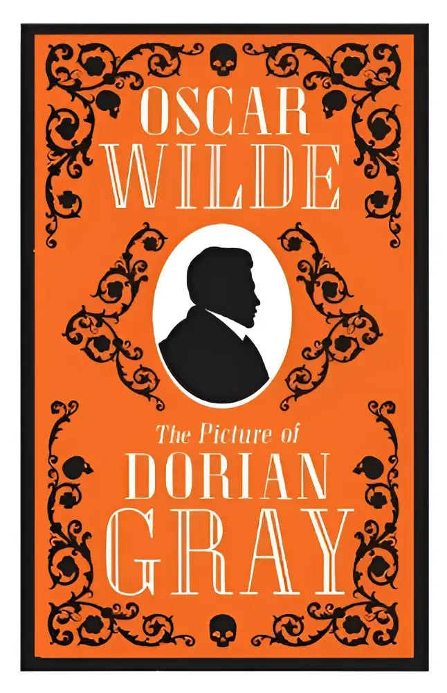 Oranje boekomslag met zwart sierlijk kader en witte ovaal met oscar wilde silhouet voor alma classics evergreens annotated edition the picture of dorian gray