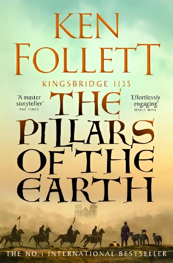 The pillars of the earth hardcover book with illustrated medieval figures on horseback in warm tones from the kingsbridge novels